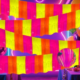 4 Packs 39 Ft Glow in The Dark Party Supplies Foil Fringe Garland, Neon Macaron Parade Float Glow Tinsel Streamers Banner Table Skirts for for Birthday Holiday Neon (Mix-Orange,Yellow,Fuchsia)