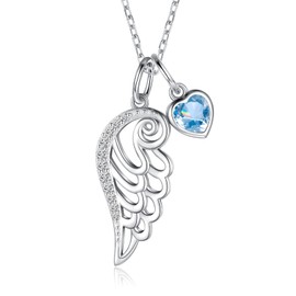 Birthstone Wing Necklace 925 Sterling Silver Guardian Angel Wing Feather Pendant Necklace Jewelry Gift for Women (March)
