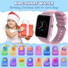 Winnes Game Smartwatch for Boys Girls No App Required Multifunctional Child Gift With 26 Puzzle Games, Learning Cards, Bedtime Stories, HD Camera, Flashlight, Video, Recorder, Music (Rose)
