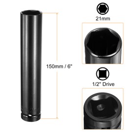 HARFINGTON Deep 6-Point Impact Socket 1/2" Drive 21mm Metric Socket 6" Length with 1/4" Hex Shank Adapter, CR-V Steel Socket Adapter Accessory Tool Set Kit for Hex Bolts Nuts