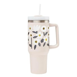 Santa Barbara Design Studio Insulated Tumbler with Handle and Straw Vacuum Sealed Stainless Steel Travel Mug, 40-Ounce, White/Gold Foil Flowers