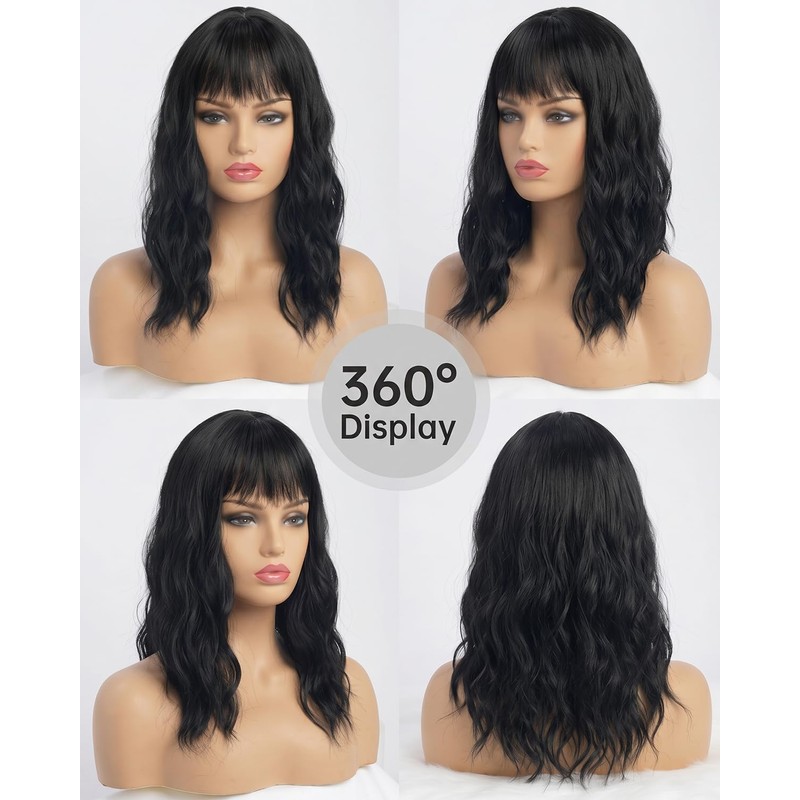 Medium Length Black Wig for Women with Bangs Wavy Hair