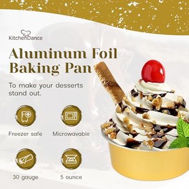 KitchenDance Disposable Colored Aluminum Foil Baking Pan with Lid - 5 Ounces Heavy Duty Baking Cups Perfect for Desserts, Creme Brulee, Flan, Mini Cakes - Pack of 100#A41 (Gold, No Lid-Cups Only)