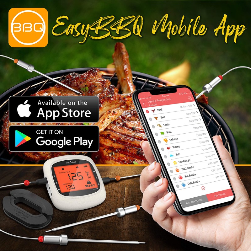 Nutrichef Bluetooth Meat Thermometer for Grilling and Smoking with 6