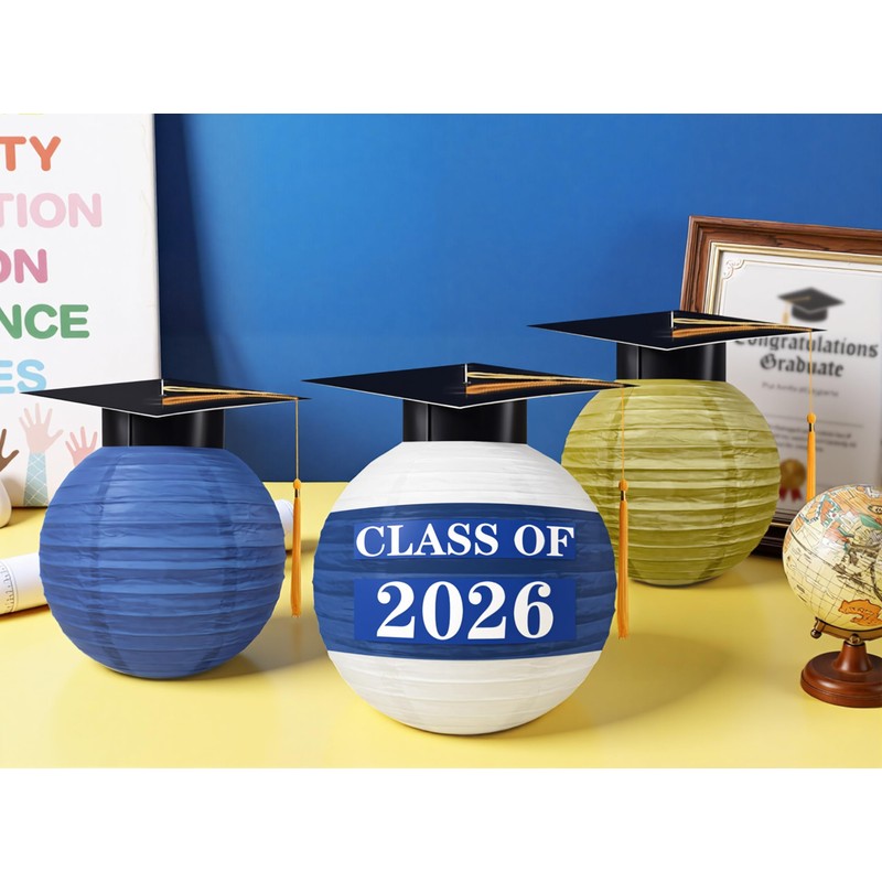 16Pcs Graduation Cap Paper Lanterns Party Decorations - Blue and