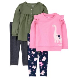 Simple Joys by Carter's Girls' 4-Piece Long-Sleeve Shirts and Pants Playwear Set, Black/Navy Floral/Olive/Pink Dinosaur, 3 Years