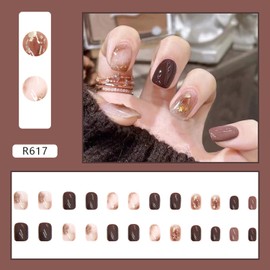 Short Length Press on Nails, Artificial Acrylic Fake Nails for Women, 24PCS Full Cover Reusable False Nails Kits, Gold and Brown Nails Design, Glue on Nails Fake Nails for Nail Art