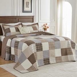 FineStichery 100% Cotton King Bedspread 120"x120", Oversized Quilt Bedspread Coverlet Set, Farmhouse Plaid Patchwork Pattern, Reversible Quilted Bedding Set, 3 Pieces, Khaki/Gray/Brown