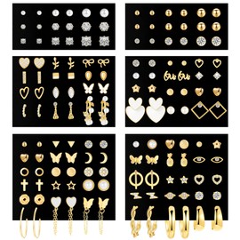 70 Pairs Gold Stud Earrings Set for Women Multipack, Trendy Hypoallergenic Pearl Cubic Zirconia Multiple Piercings Earrings Packs, Chunky Hoops Earrings for Gift Jewelry