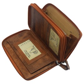 Cavelio USA Women's RFID Blocking Real Leather Large Capacity Double Zip Around Wallet Phone Holder Clutch Travel Purse Gift Box (Tan)