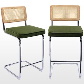 Zesthouse Modern Counter Height Bar Stools, 26'' Natural Rattan Barstools Set of 2, Velvet Kitchen Stools with Backs, Mid Century Cantilevered Design Bar Chairs Island Stools, Green
