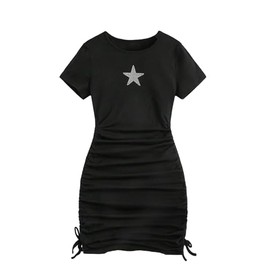 Verdusa Girl's Short Sleeve Rhinestone Star Pattern Drawstring Side Ruched Dress Black 14Y