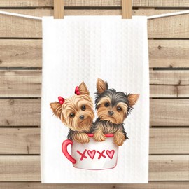 Yorkies in A Mug Kitchen Dish Towel Waffle Weave 16x24 - Yorkshire Terrier