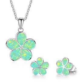 Opal Jewelry Sets for Women 18k White Gold Plated Flower Necklace and Earring Sets for Women Elegant Hypoallergenic White Opal Birthstone Wedding Jewelry Gift, Small, Stainless Steel, white opal