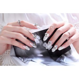 24PCS Nail Bride Wedding Long Fake Nails Stone Bijou Cute Elegant Nail (White)