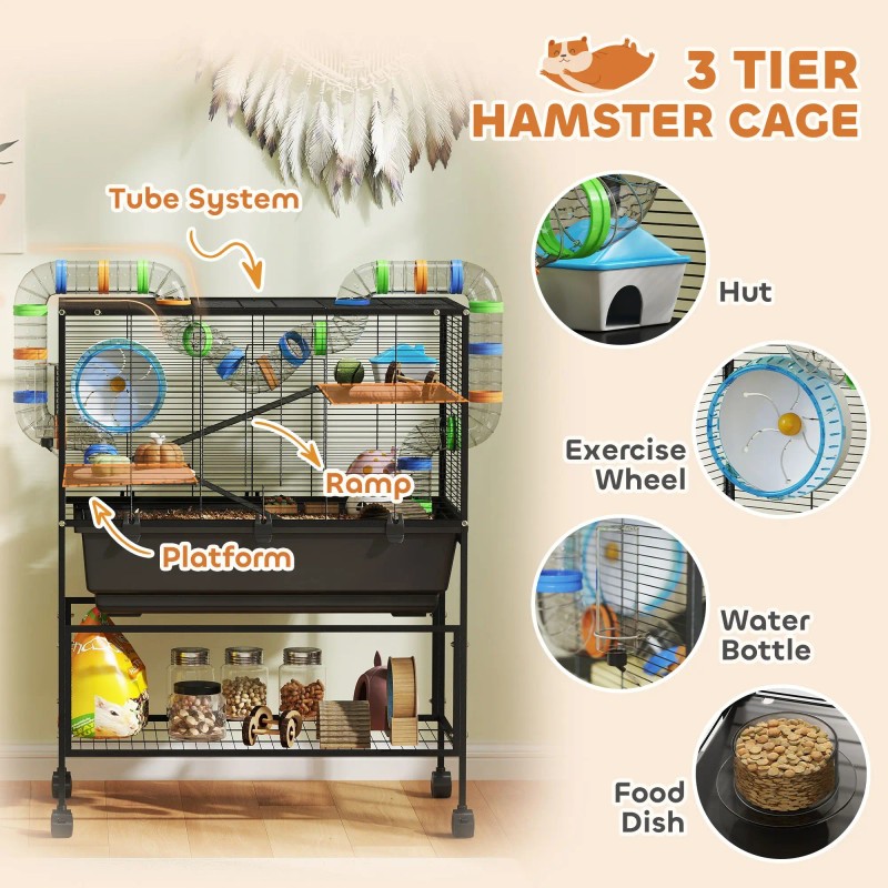 Hamster Cage 3 Tier with Deep Tray Rolling Storage Shelf