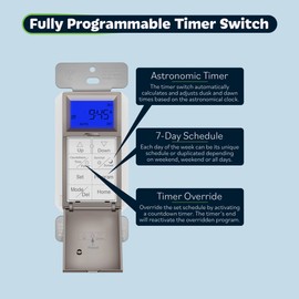 TOPGREENER Digital Astronomic Timer Switch, 7-Day Programmable Sunrise Sunset Timer for Lights, Fans, & Motors, Single-Pole or 3-Way, Neutral Wire Required, UL Listed, TGT01-HN-NK, Nickel
