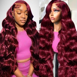Ghios 30 Inch 99J Burgundy Wig Human Hair 13x6 Body Wave Lace Front Wigs Human Hair 210% Density 99j Burgundy Lace Front Wigs Human Hair Red Wine Glueless Wigs Pre Plucked for Women
