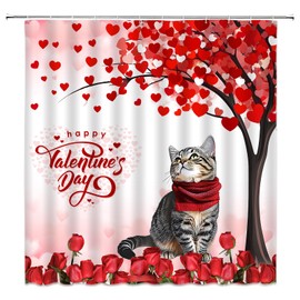 AYDSMYD Valentine's Day Shower Curtain Funny Cat Romantic Red Heart Tree Rose Flower Sweet Love Couple Creative Modern Fabric Bathroom Curtains Decor Set,70" WX70 H