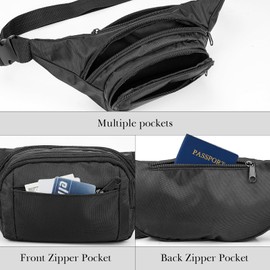 Waist Bag with Extra Long Strap 59" Max Adjustable Strap Plus Size Crossbody Bag Extended Length Lightweight Waist Pack with Zipper and Pockets Black