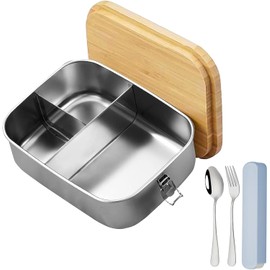 Brotdose Edelstahl, Jausenbox Edelstahl 3 Fächern, Brotdose Kinder mit Fächern Edelstahl, Lunchbox mit Holzdeckel, Nachhaltige und Umweltfreundliche Brotdose mit Löffel und Gabel