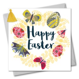 Claire Giles Tassel Embellished Easter Greeting Card, Butterfly & Egg Wreath, Happy Easter, EBL004