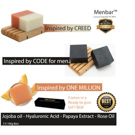 Menbar™ soap bars for men uk - LUXURY Top 3 Fragrance inspired by CODE, CREED, MILLION Multipack 3X100g mens soap bar BEST GIFT FOR HIM NATURAL Soap ORGANIC Jojoba oil, Hyaluronic Acid Papaya Extract