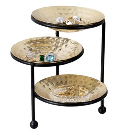 MyGift 3 Tier Jewelry Dish Organizer, 4 Inch Hammered Brass-Plated Metal Dishes and Black Stand, Decorative Ring Tray Jewelry Holder Display Tower for Earrings Necklace Bracelet - Handcrafted in India