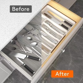 Aizhoumoo Kitchen utensils set Silverware Drawer Organizer, Expandable Utensil Tray for Kitchen, Adjustable Plastic Storage for Spoons Forks Knives (White)