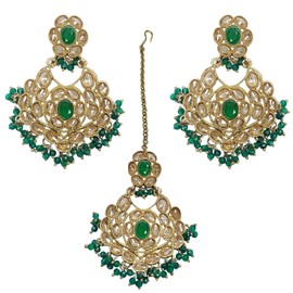 Boutique De Luxe, Suhan Indian Jewelry Maang Tikka Set, Indian Earrings For Women, Indian Earrings, Bollywood Jewelry For Women, Party Fashion Wear for Weddings and Parties (Green)