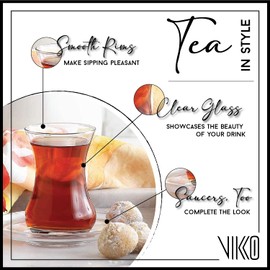 Vikko Turkish Tea Glasses and Saucers, 4 Oz Turkish Tea Cups, 6-Piece Set