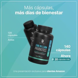 B Life Probióticos 200 Billones con 140 cápsulas | 11 Cepas con Inulina de Agave | Tecnología DRcaps | 200 Billion Probiotics.