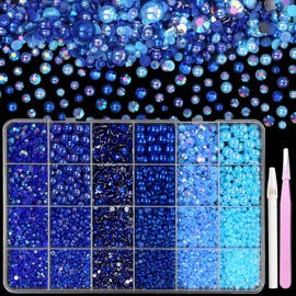 9000 Pcs Royal Blue Flatback Pearls and Rhinestones for Crafts, 3/4/5/6mm Jelly Resin Rhinestones, Mixed Size 3/4/6/8mm Half Pearl Bedazzling Gems for Nail DIY Crafts Mugs Tumblers Clothes Makeup