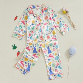 Geagodelia Kids Toddler Girls Silky Satin Easter Pyjamas Set Long Sleeve Button Down Tops and Bottoms Cute Easter Egg Pajamas Matching Babies Easter Pjs (Bunny Beige, 5-6 Years)
