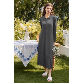 Ekouaer Nightgowns for Women Long Sleeve Sleepshirt Button Nightshirt Plaid Full Length Sleepwear with Pockets S-XXXL Dark Grey XXL