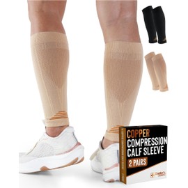 Doctor's Select 2 Pairs Copper Calf Compression Sleeve - Compression Calf Sleeves Men, Compression Sleeves for Men Leg, Shin Splint Compression Sleeve, Black, Tan Tn/XXL