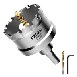 REKCKRUL 2-1/8" (54mm) TCT Carbide Hole Saw Kit for Metal - Heavy Duty Hole Cutter Drill Bits Set with 2 Titanium/Step Pilot Drill Bits & L-Wrench, Cuts Stainless Steel, Iron, Aluminum, Wood, Plastic