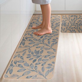 MATIRUG Non-Slip Kitchen Rugs Set of 2 | Washable & Absorbent Floor Mats for Sink & Laundry | 17x48 Inch Floral Runner + 17x24 Inch Mat | Rubber Backing, Blue Leaf