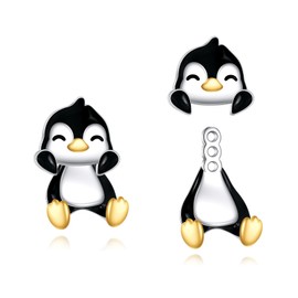 Sterling Silver Penguin Studs Leverback Earrings for Women - Cute Animal Jewelry Gift for Girls