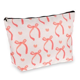 Qianyu Pink Bow Makeup Bag for Women Cute Trendy Travel Toiletry Bag with Zipper Canvas Cosmetic Storage Pouch Aesthetic Bow Purse Organizer Bag for Home School