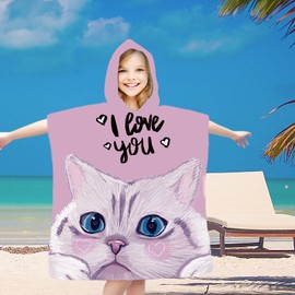 FEBE Bath Poncho Children's Bath Towel with Hood Bathrobe for Toddlers, Cat Love, Unit size