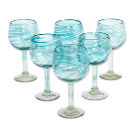 NOVICA Clear Blue Glass Hand Blown Wine Glasses, 13 Oz, Elegant Aqua Swirl' (Set Of 6)