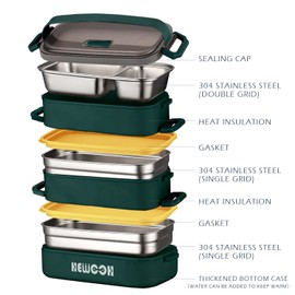 HEWOOH Large Bento Box Adult Lunch Box (74 Oz Large Capacity), Reusable, Including Lunch Bag, Fork And Spoon, 3 Dividers, Suitable For Work, Picnic, Dishwasher And Microwave Safe. （Green）