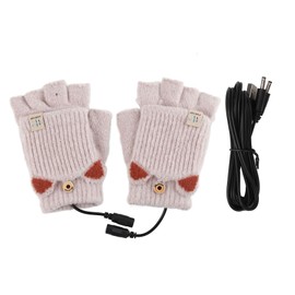 USB Heated Gloves Mitten Men Women Winter Knitted Fingerless Hand Warmer Heating Gloves for Office Work Beige
