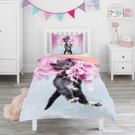 HOMHOMHA Cute Cat Duvet Cover Set Single Size for Girl Kids Bed Cover Adults Bedroom,Grey Kitty Pink Feather 3D Bedding Duvet Cover Cat Themed Bedspread,Soft Microfiber Bed Set