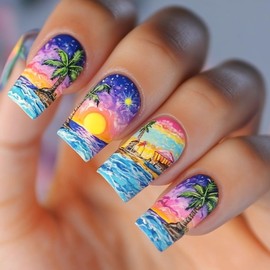 ONPRESS 24Pcs Summer Press on Nails Medium Square Fake Nails with Setting Sun Coconut Tree Design Sea False Nails Island Hut Stick on Nails Glossy Full Cover Acrylic Nail for Women Decoration