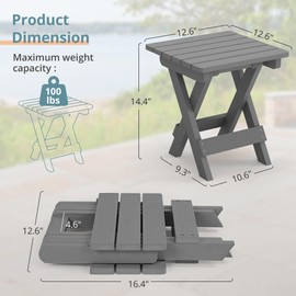 LUE BONA Small Outdoor Folding Side Table, HDPS Outside End Table for Patio, Porch, Deck, Pool, 14 Inch Height, Netural Grey