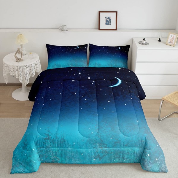 Galaxy Comforter Set Full,3 Piece Star Moon Bedding Set for