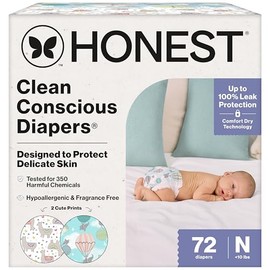 The Honest Company Comfort Dry Disposable Daytime Diapers for Sensitive Skin, Hypoallergenic, Above It All + All the Alpacas, Club Box Size Newborn 72