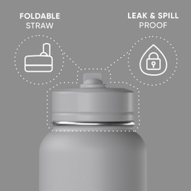 Hydrapeak 32oz Sport Insulated Water Bottle with Straw or Chug Lid, Leak & Spill Proof, Keeps Drinks Cold for 24 Hours, Hot for 12 Hours, Premium Stainless Steel Water Bottles (32oz, Grey)
